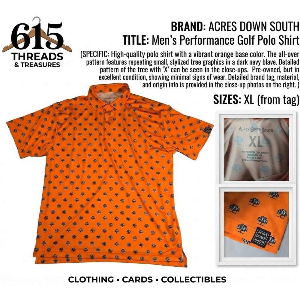Acres Down South Mens XL Performance Golf Polo Shirt Orange Tree Print Navy Blue
